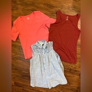 Dark red,  Coral Top and Blue button up size Medium bundle